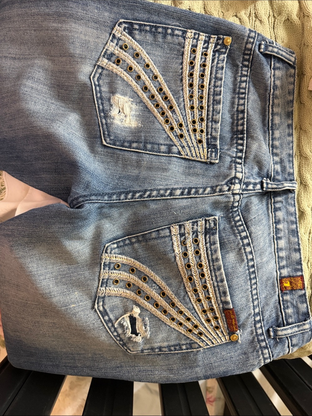 7 For All Mankind Light Wash Bootcut Jeans with Eyelet-Trim Back Pockets